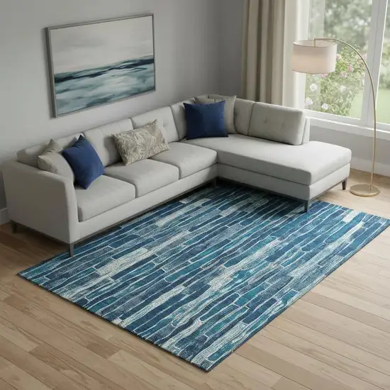 Blue And Ivory Striped Washable Area Rug With UV Protection Photo 2