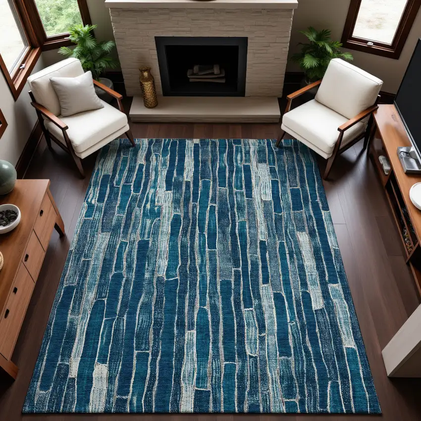 Blue And Ivory Striped Washable Area Rug With UV Protection Photo 4
