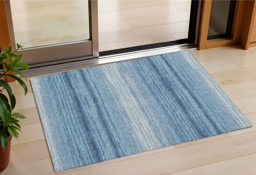 Blue And Ivory Striped Washable Indoor Outdoor Area Rug Photo 1