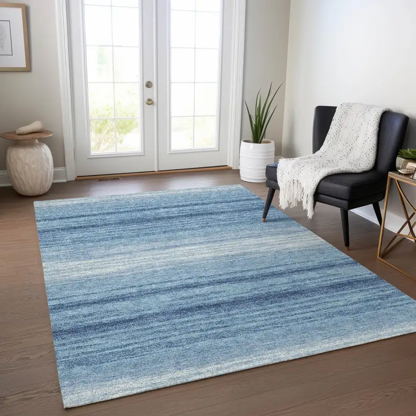 Blue And Ivory Striped Washable Indoor Outdoor Area Rug Photo 9