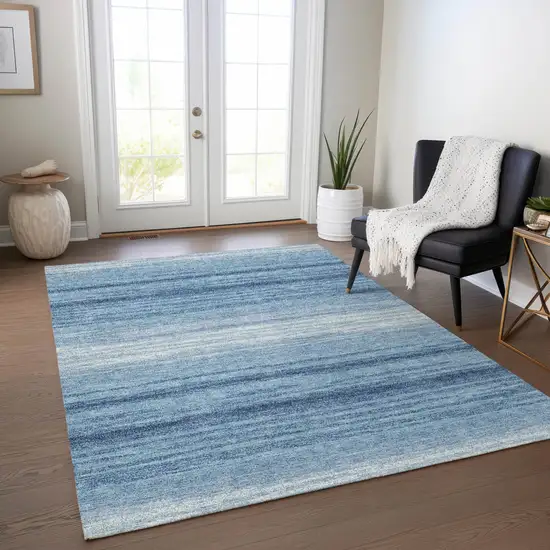 Blue And Ivory Striped Washable Indoor Outdoor Area Rug Photo 9