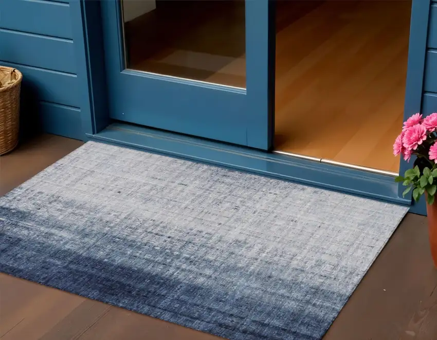 Blue And Ivory Striped Washable Indoor Outdoor Area Rug Photo 1