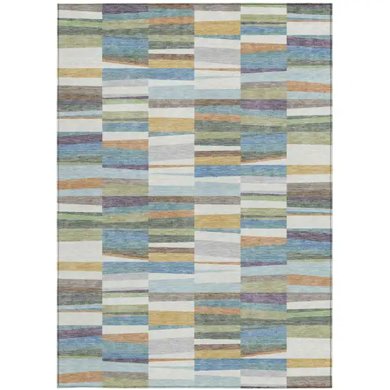 Blue And Ivory Striped Washable Indoor Outdoor Area Rug Photo 3