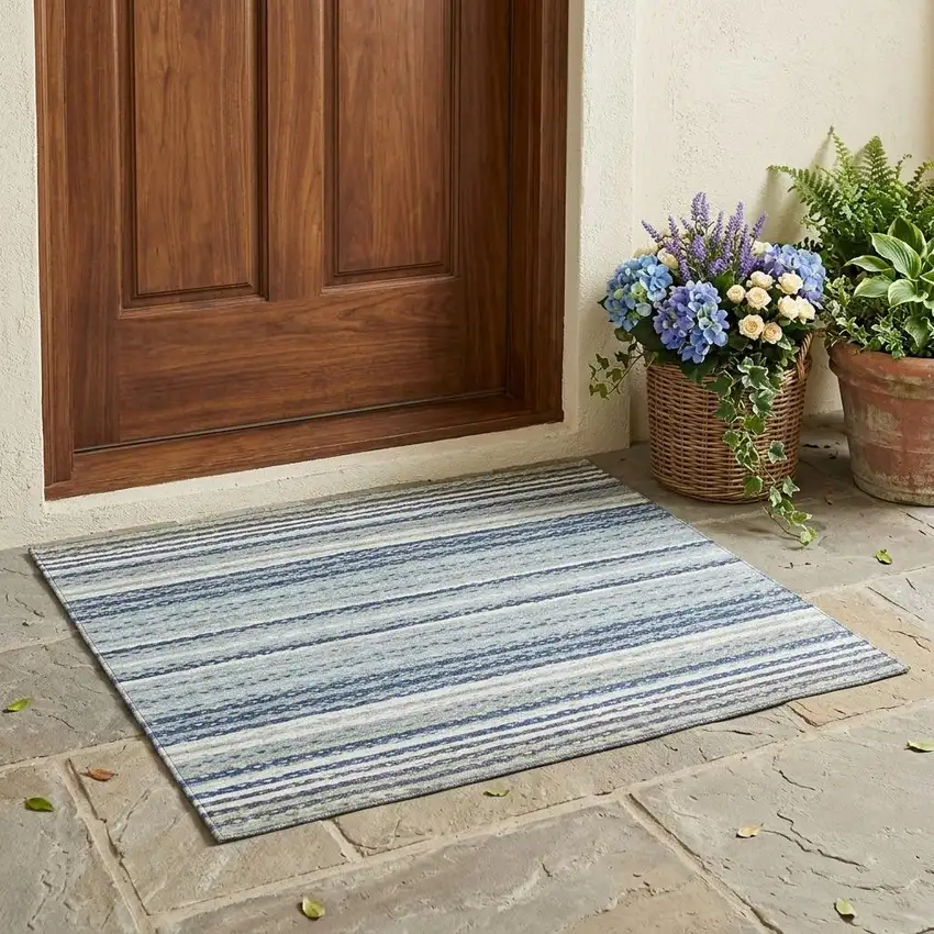 Blue And Ivory Striped Washable Indoor Outdoor Area Rug Photo 1