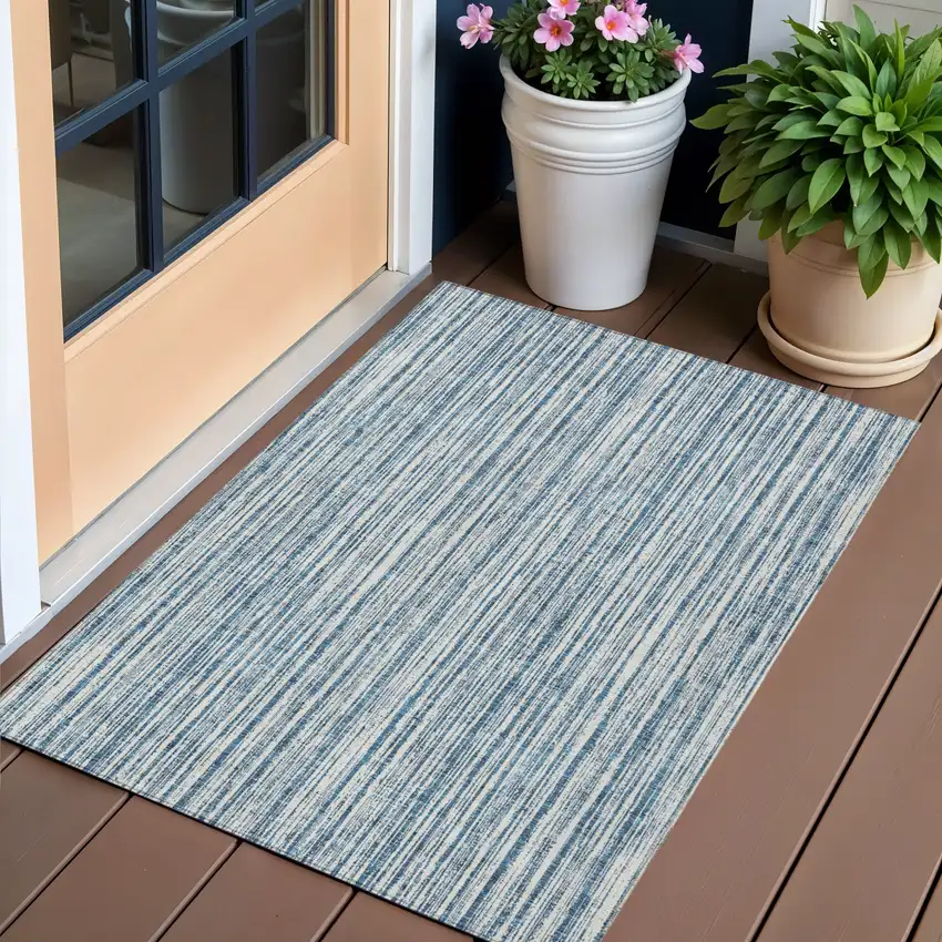 Blue And Ivory Striped Washable Indoor Outdoor Area Rug Photo 1