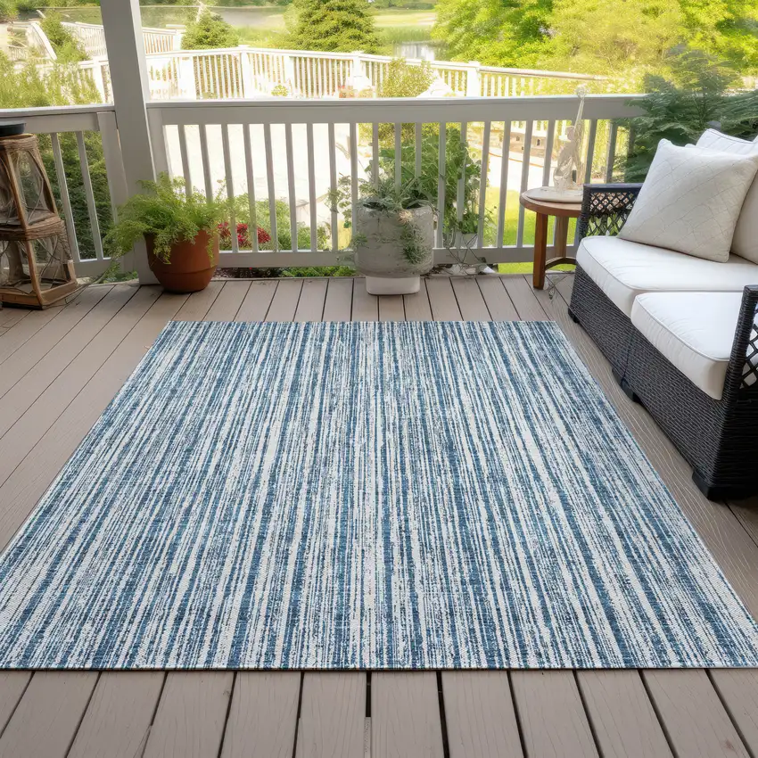Blue And Ivory Striped Washable Indoor Outdoor Area Rug Photo 6