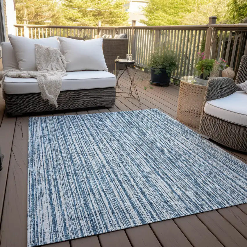 Blue And Ivory Striped Washable Indoor Outdoor Area Rug Photo 9
