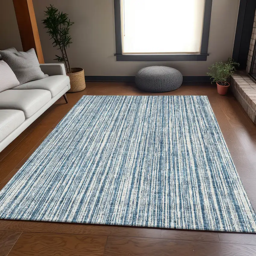 Blue And Ivory Striped Washable Indoor Outdoor Area Rug Photo 9