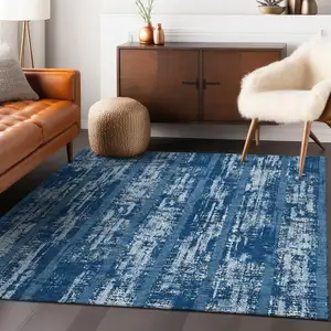 Photo of Blue And Ivory Striped Washable Indoor Outdoor Area Rug
