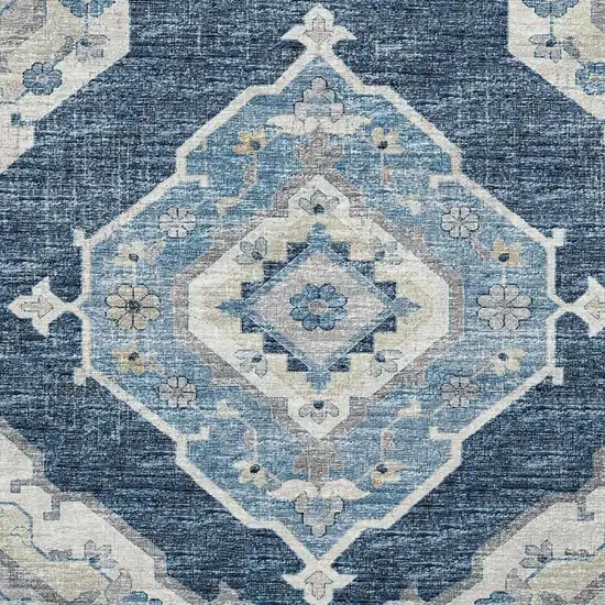 Blue And Ivory Tribal Washable Area Rug With UV Protection Photo 5