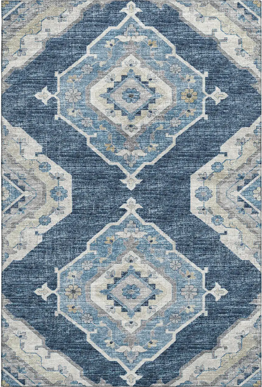 Blue And Ivory Tribal Washable Area Rug With UV Protection Photo 2