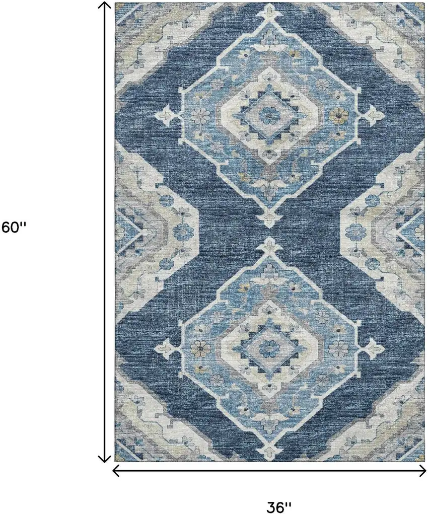 Blue And Ivory Tribal Washable Area Rug With UV Protection Photo 3