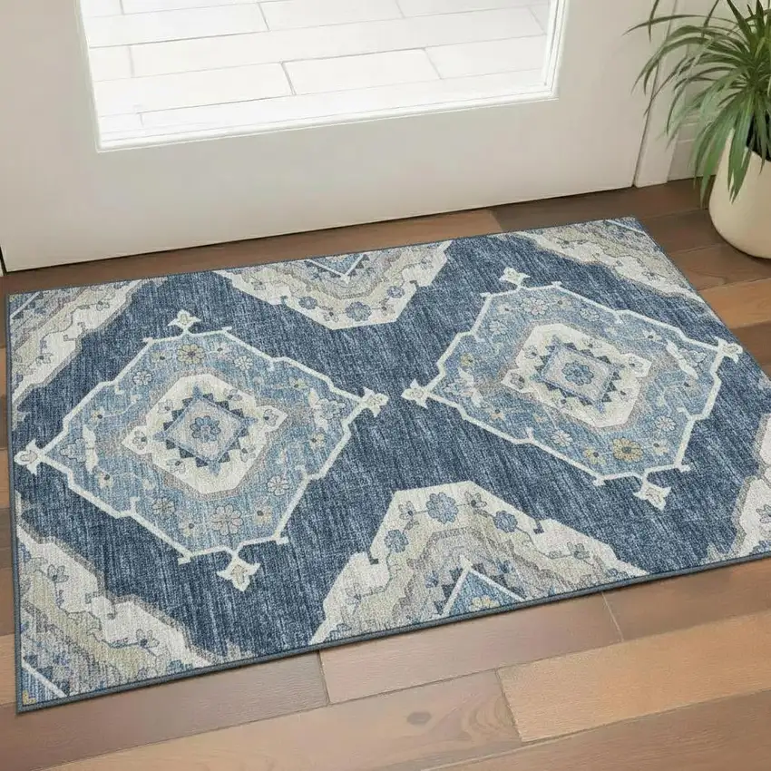 Blue And Ivory Tribal Washable Area Rug With UV Protection Photo 1