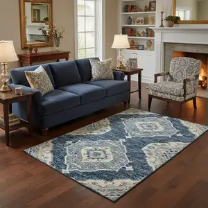 Photo of Blue And Ivory Tribal Washable Area Rug With UV Protection