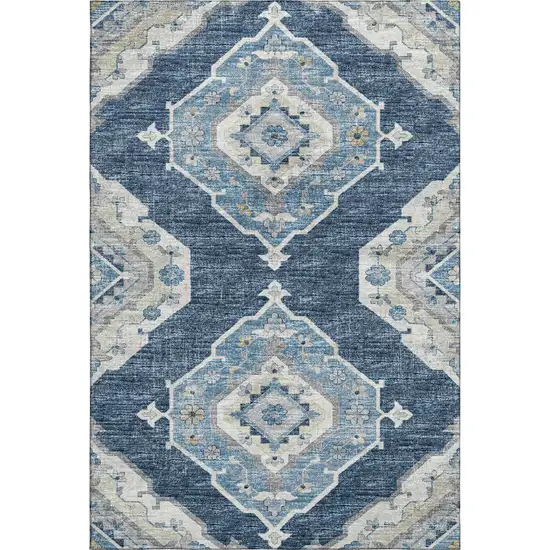 Blue And Ivory Tribal Washable Area Rug With UV Protection Photo 2