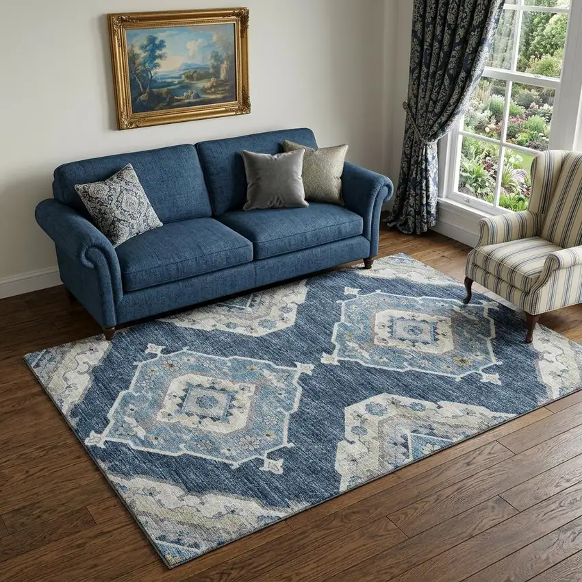 Blue And Ivory Tribal Distressed Washable Area Rug With UV Protection Photo 1