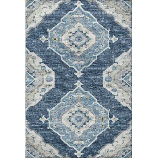 Blue And Ivory Tribal Washable Area Rug With UV Protection Photo 5