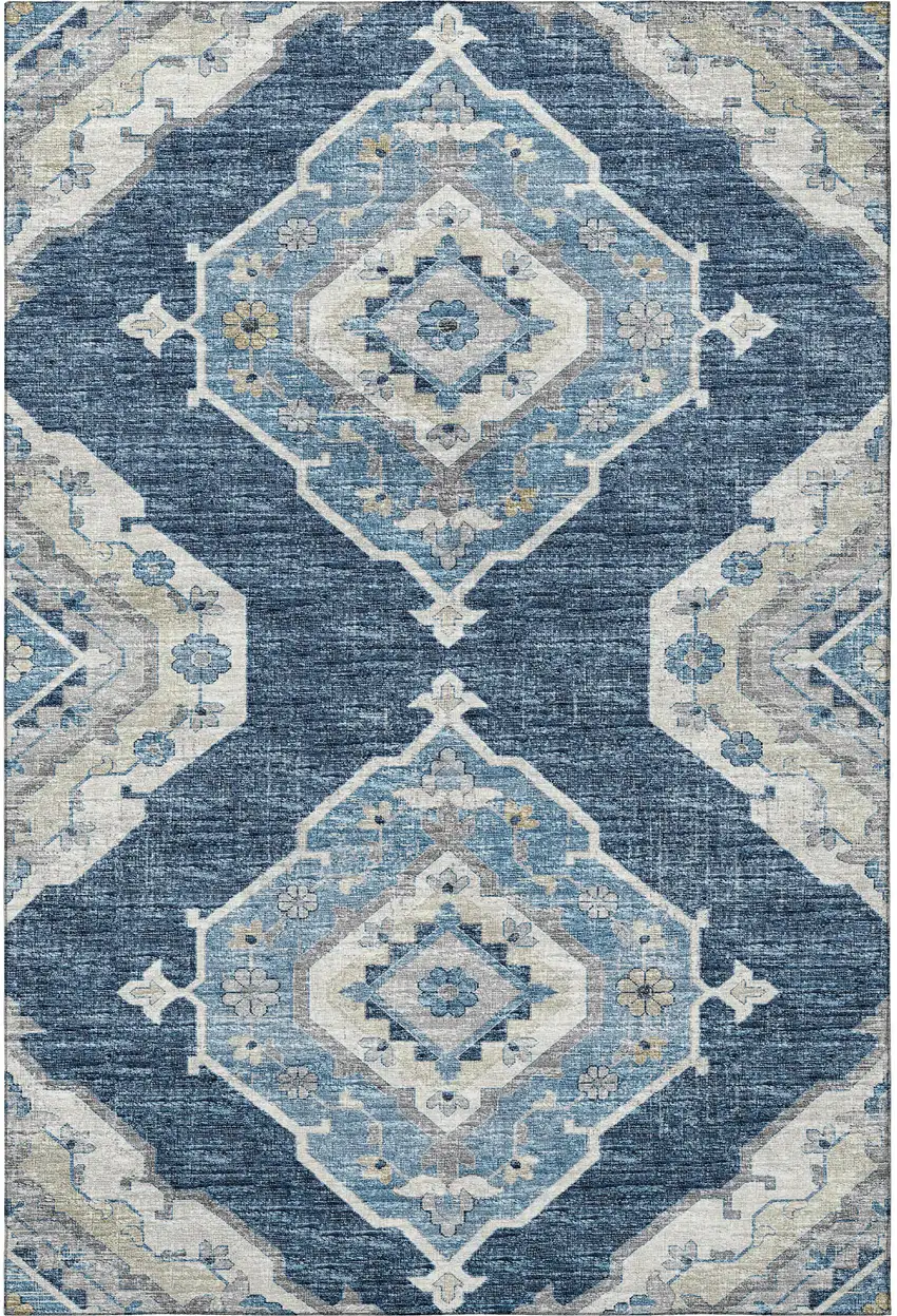 Blue And Ivory Tribal Washable Area Rug With UV Protection Photo 5