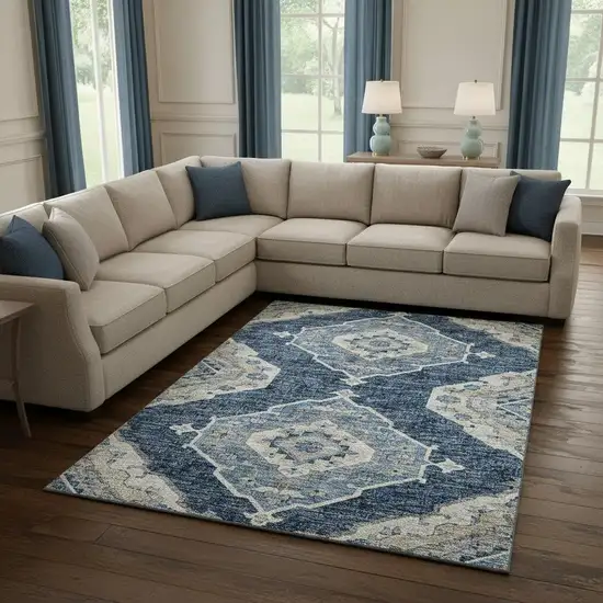 Blue And Ivory Tribal Washable Area Rug With UV Protection Photo 1
