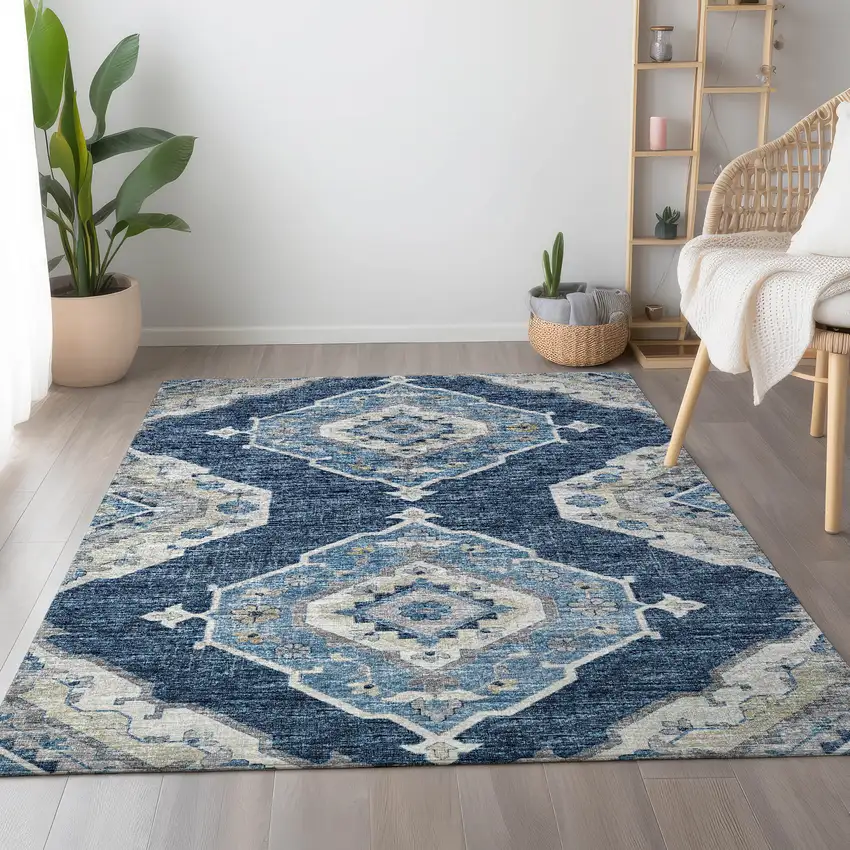 Blue And Ivory Tribal Washable Area Rug With UV Protection Photo 6