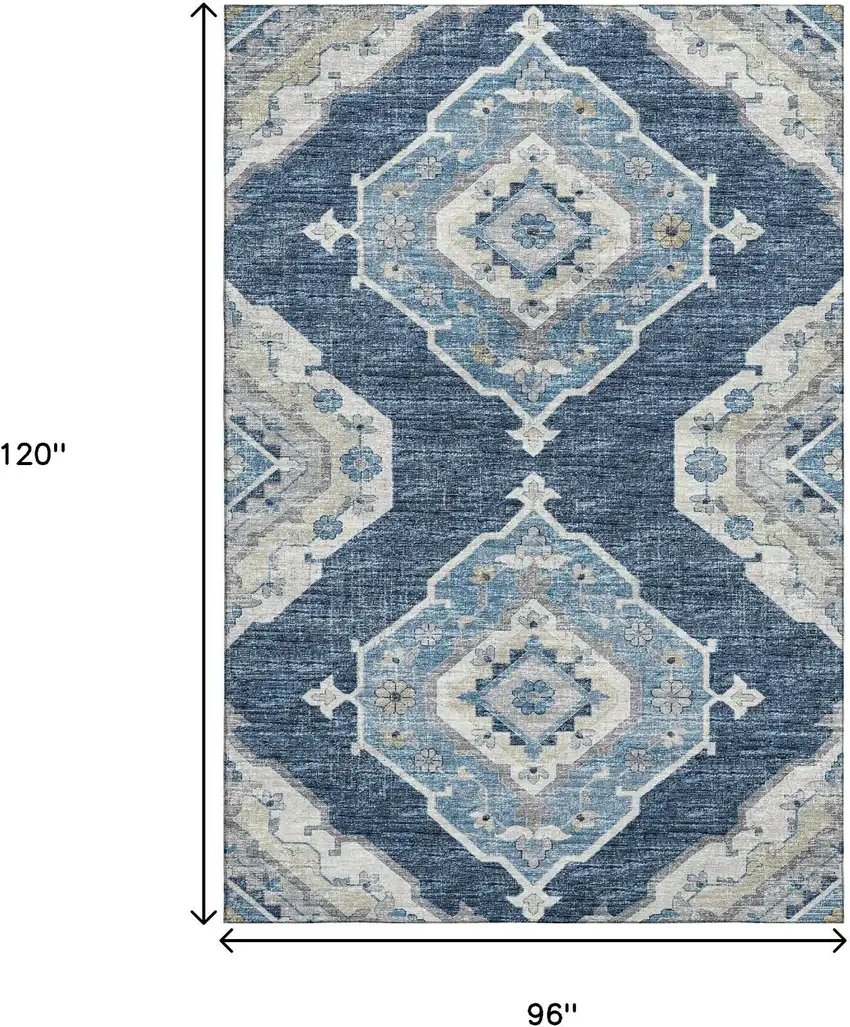 Blue And Ivory Tribal Washable Area Rug With UV Protection Photo 3