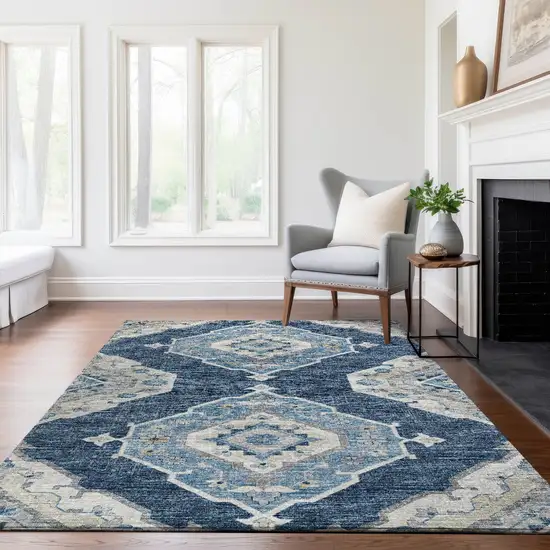Blue And Ivory Tribal Washable Area Rug With UV Protection Photo 7