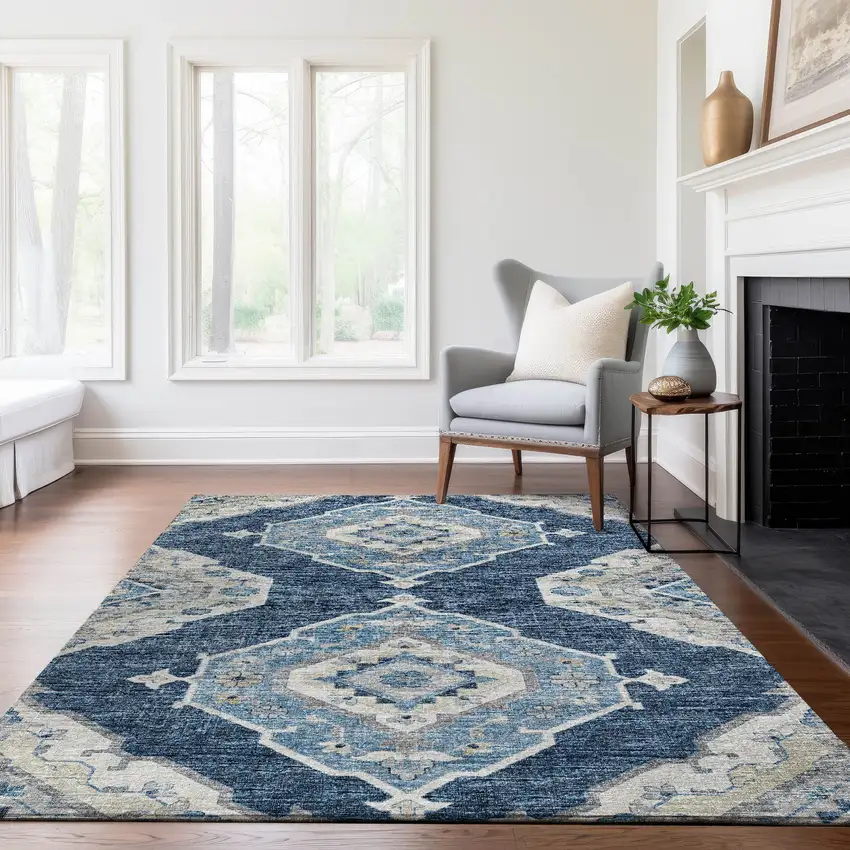 Blue And Ivory Tribal Washable Area Rug With UV Protection Photo 7