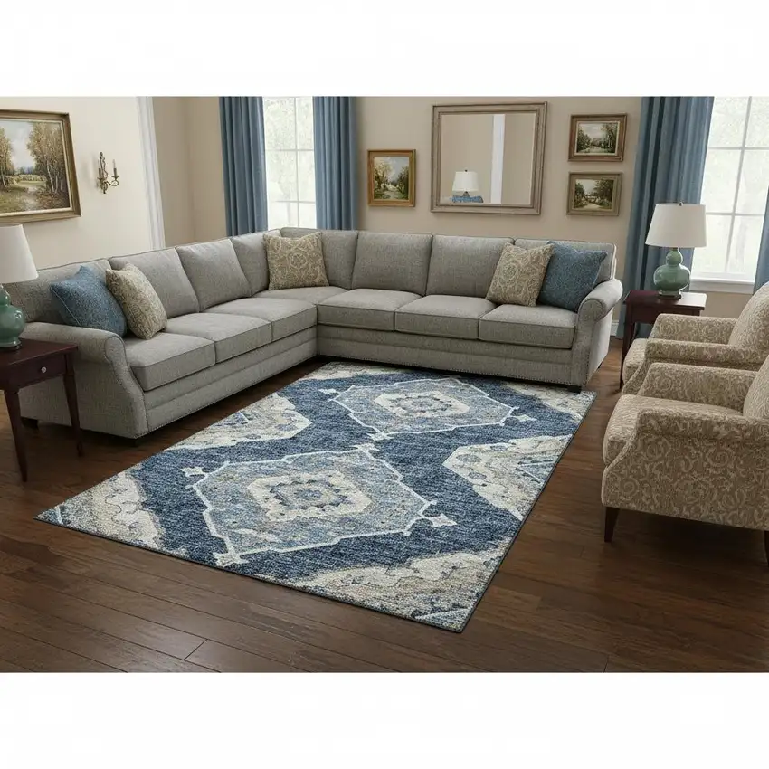 Blue And Ivory Tribal Washable Area Rug With UV Protection Photo 1