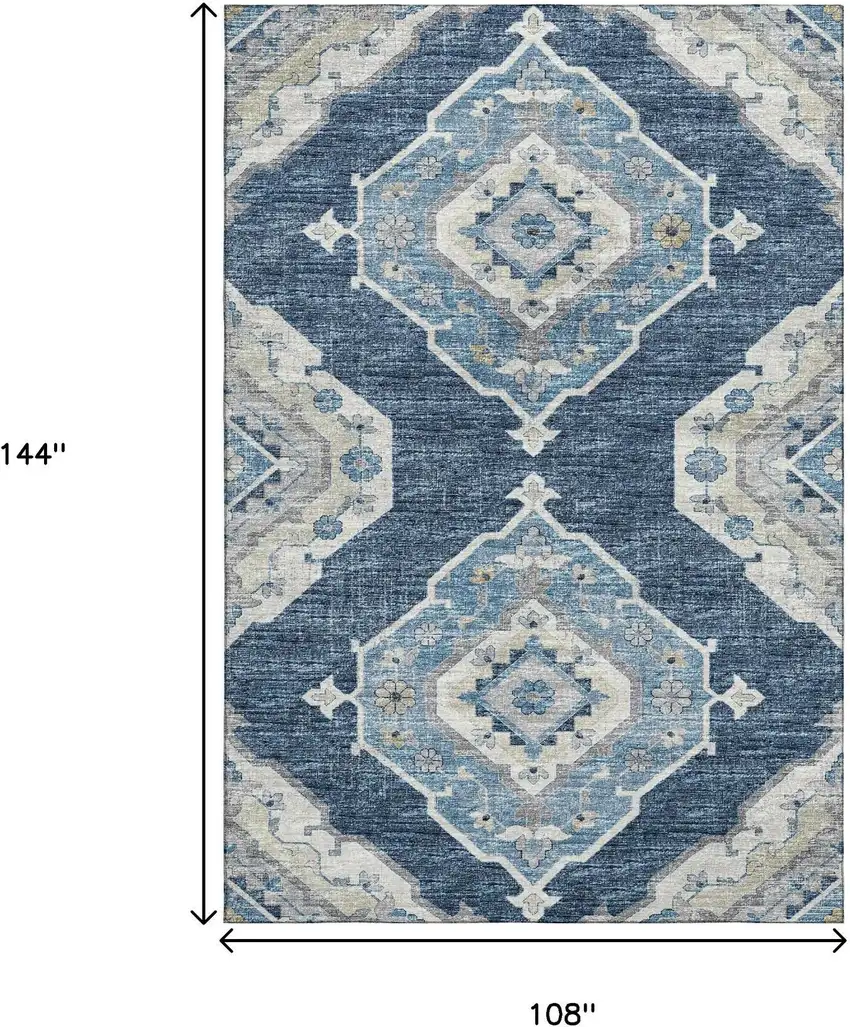 Blue And Ivory Tribal Washable Area Rug With UV Protection Photo 3