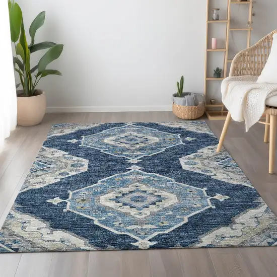 Blue And Ivory Tribal Washable Area Rug With UV Protection Photo 6