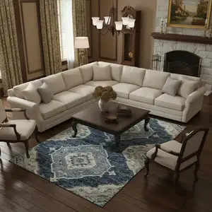 Photo of Blue And Ivory Tribal Washable Area Rug With UV Protection