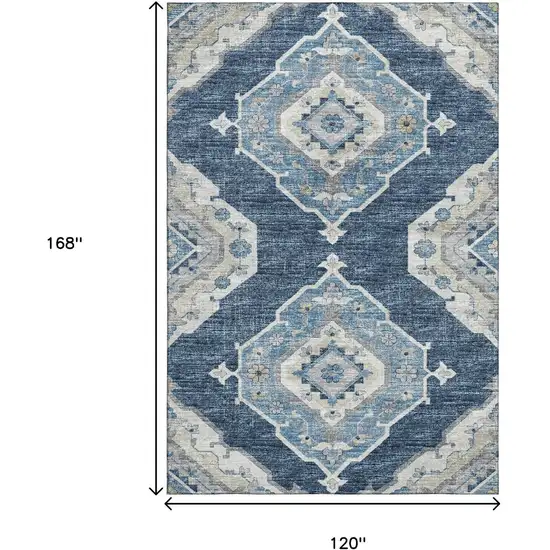 Blue And Ivory Tribal Washable Area Rug With UV Protection Photo 3