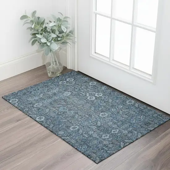 Blue And Ivory Tribal Washable Area Rug With UV Protection Photo 1
