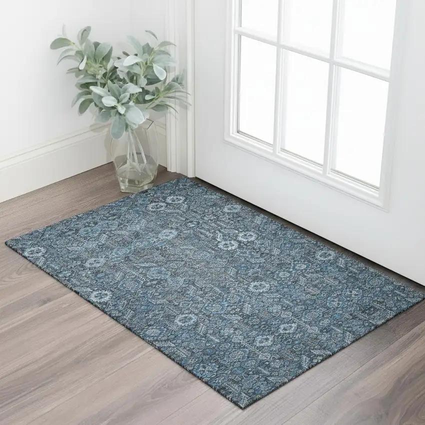 Blue And Ivory Tribal Washable Area Rug With UV Protection Photo 1