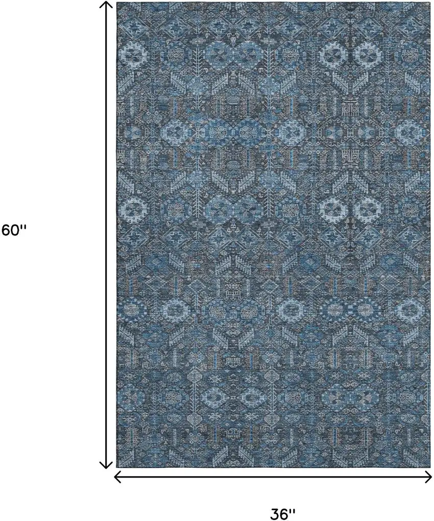 Blue And Ivory Tribal Washable Area Rug With UV Protection Photo 3
