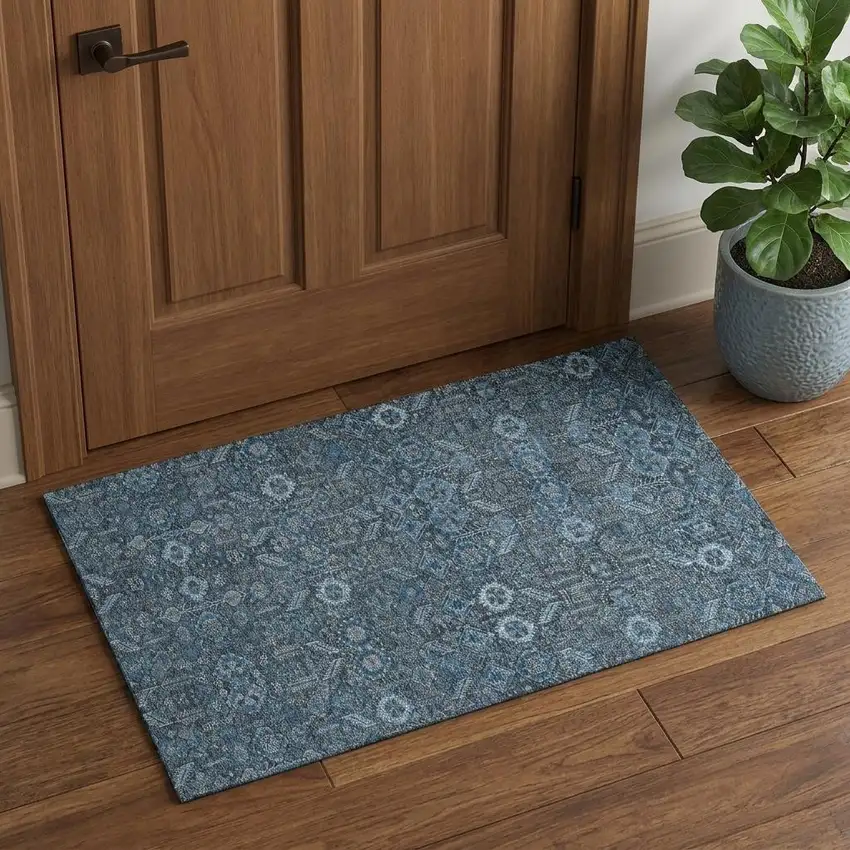 Blue And Ivory Tribal Washable Area Rug With UV Protection Photo 1
