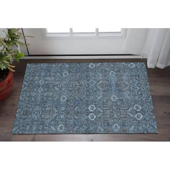 Blue And Ivory Tribal Washable Area Rug With UV Protection Photo 2