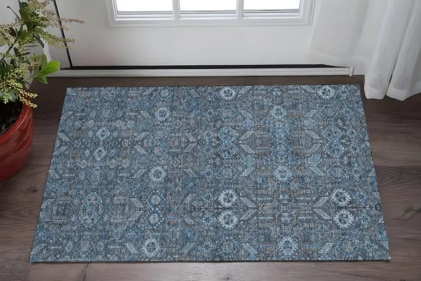 Blue And Ivory Tribal Washable Area Rug With UV Protection Photo 2