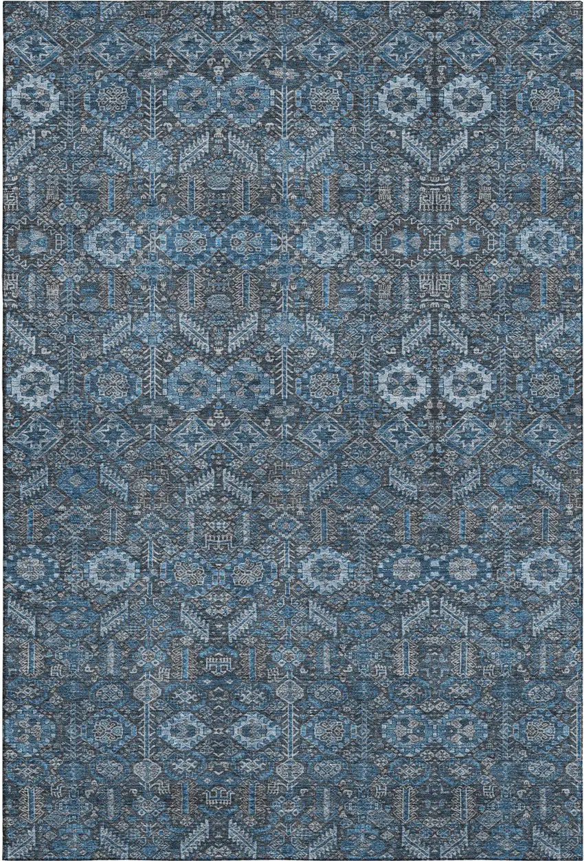 Blue And Ivory Tribal Washable Area Rug With UV Protection Photo 1
