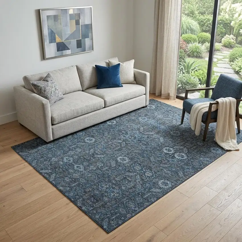Blue And Ivory Tribal Washable Area Rug With UV Protection Photo 1