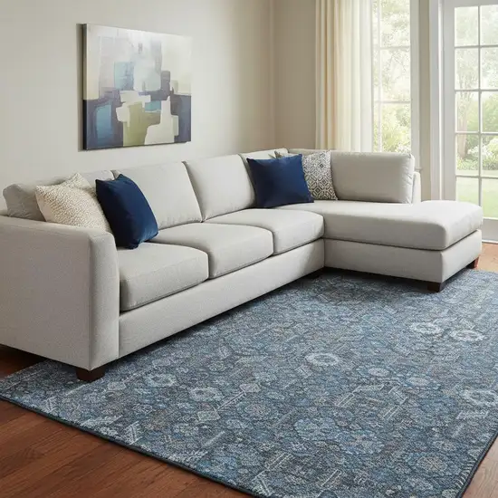Blue And Ivory Tribal Washable Area Rug With UV Protection Photo 1