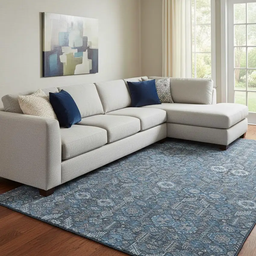 Blue And Ivory Tribal Washable Area Rug With UV Protection Photo 1