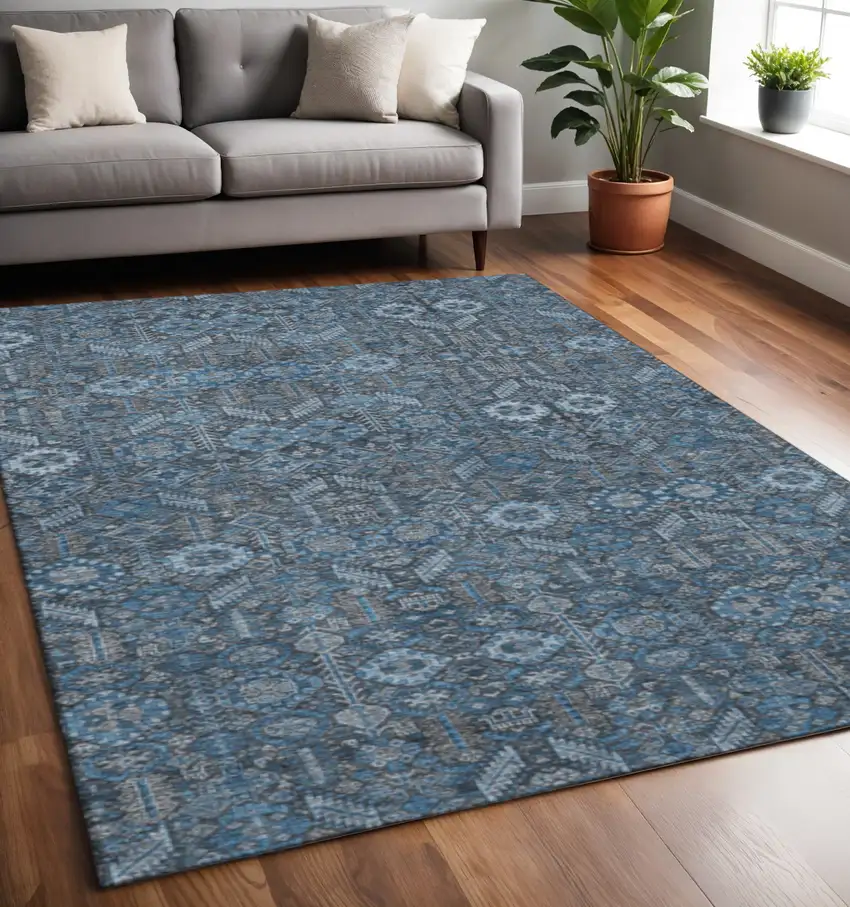 Blue And Ivory Tribal Washable Area Rug With UV Protection Photo 2