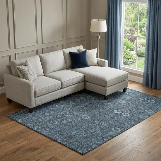 Blue And Ivory Tribal Washable Area Rug With UV Protection Photo 1