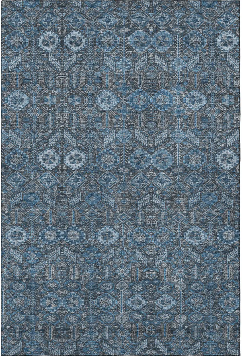 Blue And Ivory Tribal Washable Area Rug With UV Protection Photo 4