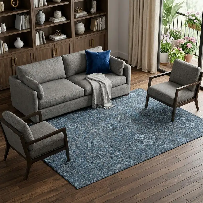 Blue And Ivory Tribal Washable Area Rug With UV Protection Photo 1