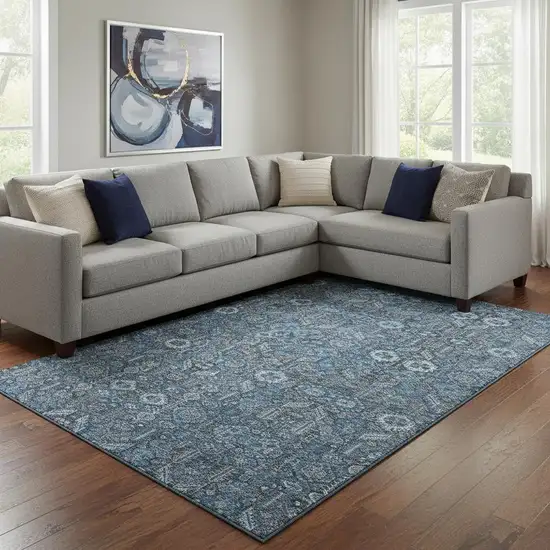 Blue And Ivory Tribal Washable Area Rug With UV Protection Photo 1