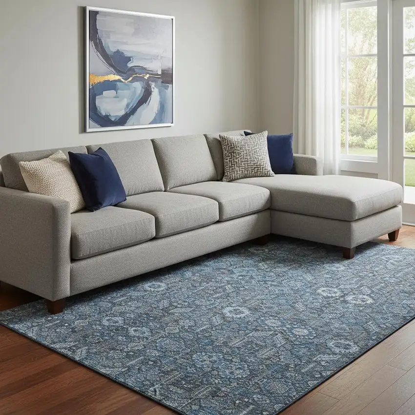 Blue And Ivory Tribal Washable Area Rug With UV Protection Photo 1