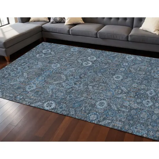 Blue And Ivory Tribal Washable Area Rug With UV Protection Photo 2