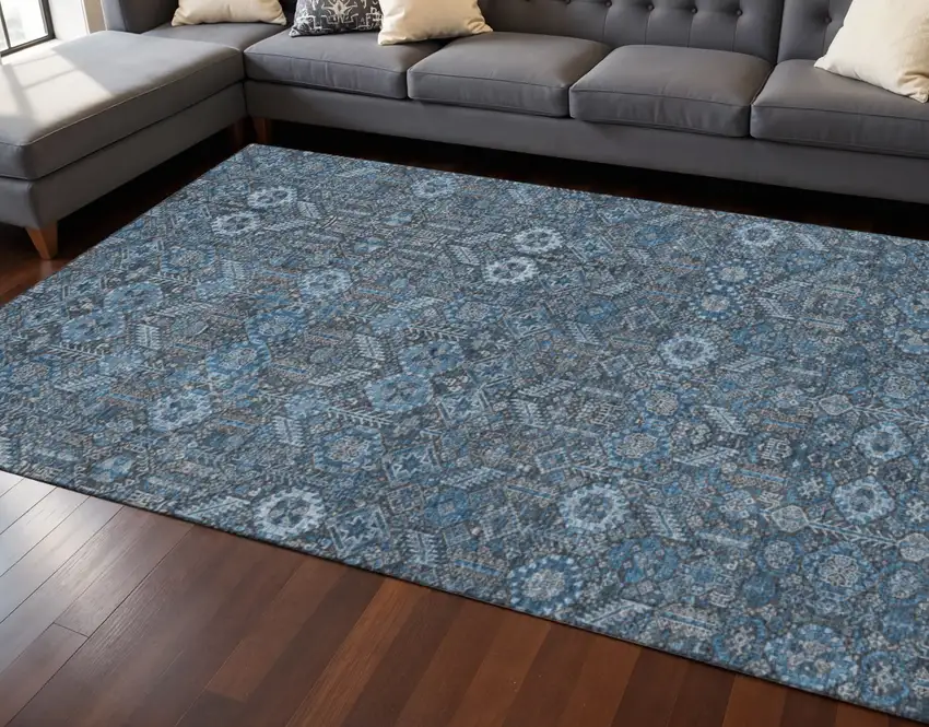 Blue And Ivory Tribal Washable Area Rug With UV Protection Photo 2